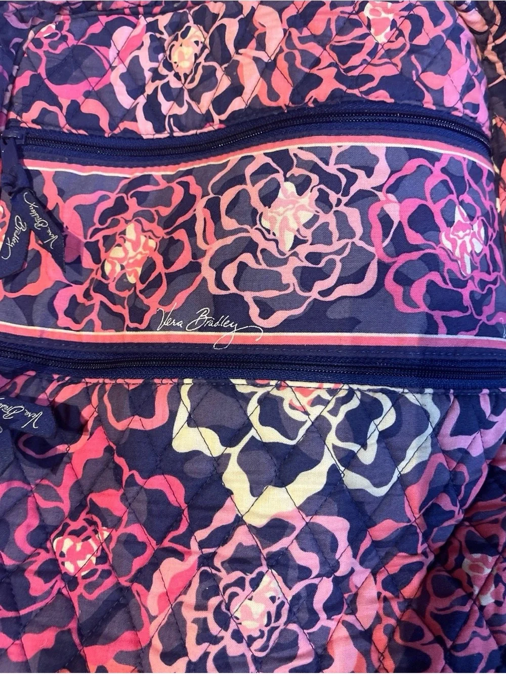 Vera Bradley Navy Floral Quilted Backpack with Pink Accents
